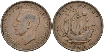 Великобритания 1/2 пенни 1942 Георг VI (1936-1952) KM 844, Spink 4115 бронза 190-746