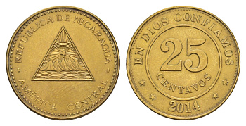 Никарагуа 25 сентаво 2014 KM 104 сталь плакированная латунью UNC 4641-321