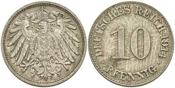 ГЕРМАНИЯ 10 ПФЕННИГОВ 1914 D KM 12, J. 13, Weege 8 медно-никель 212-312