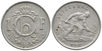 ЛЮКСЕМБУРГ 1 ФРАНК 1952 СТАЛЕВАР KM 46.2 медно-никель 53-1135