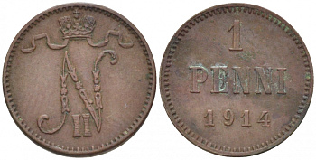 Россия для Финляндии 1 пенни 1914 Николай II (1894-1917) KM 13, Биткин 474 медь 261-1115