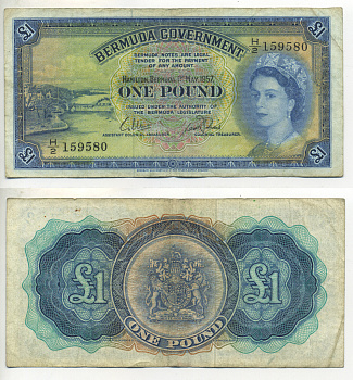 БЕРМУДСКИЕ ОСТРОВА 1 ФУНТ 1957 С ЗАЩИТНОЙ ПОЛОСОЙ Pick 20c бумага 7457-21-3