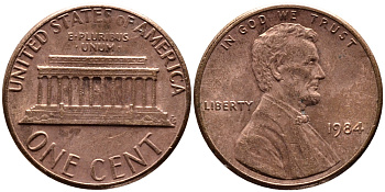 США 1 ЦЕНТ 1984 ЛИНКОЛЬН KM 201b цинк плакированный медью 4178-251