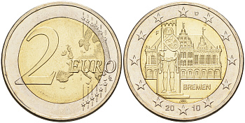 ФРГ 2 евро 2010 F, Бремен, городская ратуша и Роланд, серия Федеральные земли Германии KM 285 биметалл UNC 4592-1212