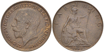 Великобритания 1 фартинг 1921 Георг V (1910-1936) KM 808.2, Spink 4060 бронза 4543-1021