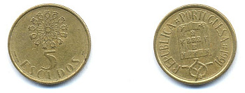 Португалия 5 эскудо 1991 KM 632 никель латунь 4379-1115