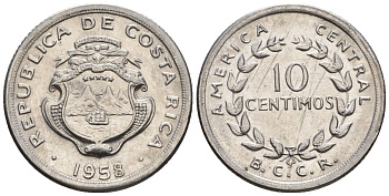 Коста-Рика 10 сентимо 1958  KM 185.1a сталь  UNC  4609-756