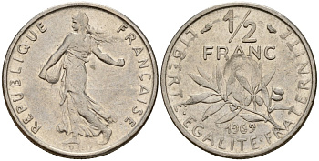 Франция 1/2 франка 1969 KM 931 никель 4150-1157