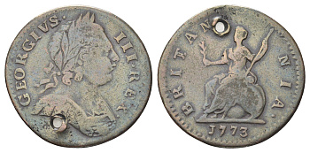 Великобритания 1 фартинг 1773 Георг III (1760-1820) KM 602, Spink 3775 медь 4708-619