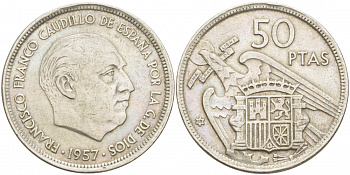 ИСПАНИЯ 50 ПЕСЕТ 1958 1957 ГОД, ФРАНКО KM 788 медно-никель 4403-444
