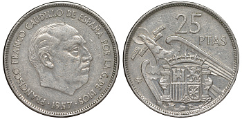ИСПАНИЯ 25 ПЕСЕТ 1957 (70) ФРАНСИСКО ФРАНКО ДИКТАТОР ИСПАНИИ (1939-1975) KM 787 медно-никель 45-1016