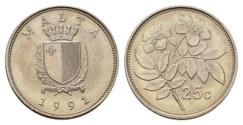 Мальта 25 центов 1991 шиповник вечнозелёный KM 97 медно-никель UNC 4688-956