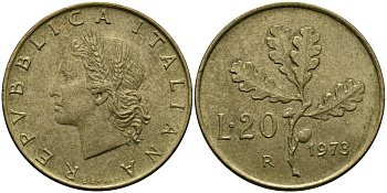 ИТАЛИЯ 20 ЛИР 1973 R KM 97.2 алюминиевая бронза 98-147