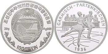 Северная Корея 1000 вонов 2006 IV Зимние Олимпийские игры 1936 года в Гармиш-Партенкирхене, фигурное катание  серебро  PROOF  1074-9-63