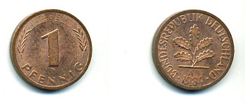 ФРГ 1 ПФЕННИГ 1984 D KM 105, J 380 сталь плакированная медью 46-152