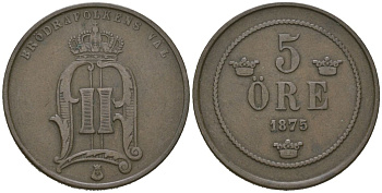 Швеция 5 эре 1875 Оскар II (1872-1907) KM 736 бронза 4175-612