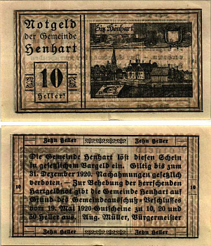 Австрия, Хёнхарт 10 геллеров 1920 нотгельд, 19 мая 1920 - 31 декабря 1920, Верхняя Австрия   бумага   6318-35-3-2