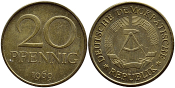 ГДР 20 пфеннигов 1969 А, первый год KM 11 латунь UNC 73-354