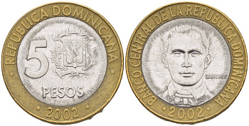Доминиканская республика 5 песо 2002 Санчес KM 89 биметалл 4541-1121
