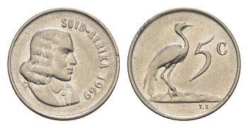 ЮАР 5 центов 1969 Ян ван Рибек (1619-1677), Suid Africa, легенда на африкаанс, райский журавль KM 67.2 медно-никель 4602-956