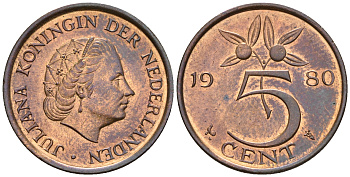 Нидерланды 5 центов 1980 Юлиана (1948-1980) KM 181 бронза UNC 4606-1022