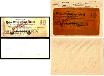 Германия 10000000 марок 1923 25 июля, MUSTER, образец, Specimen. В оригинальном банковском конверте. Из коллекции Отто Сейфферта (помощник Ялмара Шахта - министра экономики Германии и президента Рейхсбанка времен третьего рейха) Pick 96 s, Grabowski DEU 1