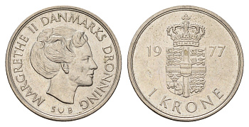 Дания 1 крона 1977 Маргрете II (1972-2024) KM 862 медно-никель 3459-922