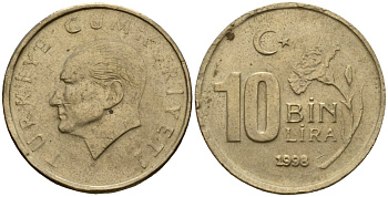 Турция 10000 лир 1998 Мустафа Кемаль Ататюрк KM 1027.2 медь никель цинк 4601-715