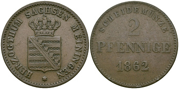 Саксен-Мейнинген 2 пфеннига 1862 Бернгард II (1803-1866) KM 171, Jaeger 448, AKS 215 медь 99-636