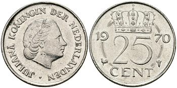 НИДЕРЛАНДЫ 25 ЦЕНТОВ 1970 ЮЛИАНА KM 183 никель 96-222