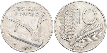 Италия 10 лир 1973 R, КОЛОС, плуг KM 93 алюминий 4519-956