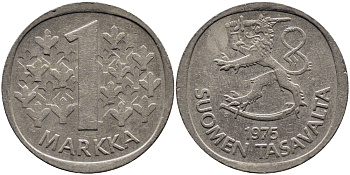 ФИНЛЯНДИЯ 1 МАРКА 1975 KM 49а медно-никель 73-1656