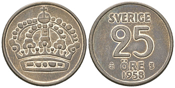 Швеция 25 эре 1958 TS, Густав VI Адольф (1950-1973) KM 824 серебро 220-1234