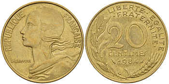 Франция 20 сантимов 1984 тип Marianne KM 930, Le Franс 156.24 медь алюминий никель 4126-635