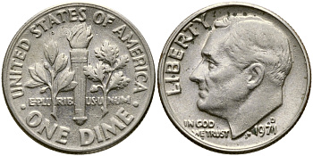 США 10 ЦЕНТОВ = 1 ДАЙМ 1971 D, РУЗВЕЛЬТ KM 195а медь плакированная медно-никелем 51-5061