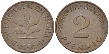 ФРГ 2 ПФЕННИГА 1950 G KM 106, J. 381 бронза 112-931
