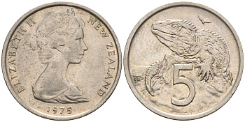 Новая Зеландия 5 центов 1975 Елизавета II (1952-2022), ящерица гаттерия KM 34.1 медно-никель 4602-663
