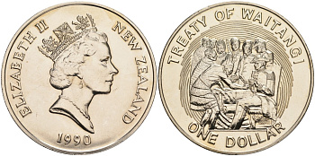 Новая Зеландия 1 доллар 1990 годовщина заключения Вайтангского договора, Елизавета II (1952-2022) KM 76 медно-никель UNC 73-821