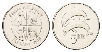Исландия 5 крон 2008 дельфины KM 28a сталь плакированная никелем UNC 4691-431