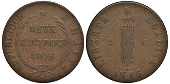Гаити 2 сантима 1846 26 мм. KM 26 медь 272-645