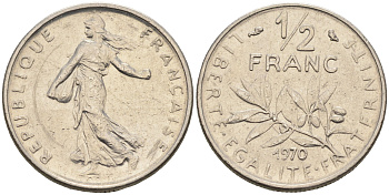 Франция 1/2 франка 1970 сеятель KM 931.1 никель    4169-151