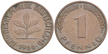 ФРГ 1 ПФЕННИГ 1966 J KM 105, J. 380 сталь плакированная медью 4181-538