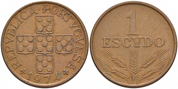 Португалия 1 эскудо 1974 KM 597 бронза 3718-416
