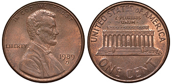 США 1 цент 1989 D, Линкольн KM 201b цинк плакированный медью 4547-522