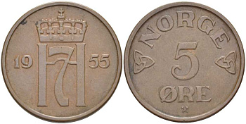 НОРВЕГИЯ 5 ЭРЕ 1955 ХАКОН VII (1905-1957) KM 400 бронза 215-131
