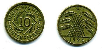 ГЕРМАНИЯ 10 РЕНТЕНПФЕННИГОВ 1924 A KM 33, J. 309, Weege 8 алюминиевая бронза 4385-543