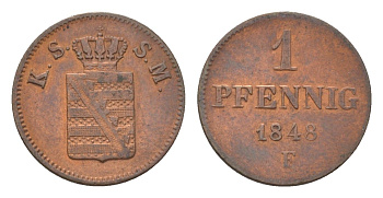 Саксония 1 пфенниг 1848 F, Фридрих Август II (1836-1854) KM 1155 медь 4625-1015