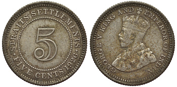 Стрейтс-Сетлментс 5 центов 1926 Георг V (1910-1936) КМ 36 серебро 53-527