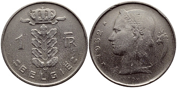 Бельгия 1 франк 1952 Belgie, Бодуэн I (1951-1993) KM 143.1 медно-никель 4390-1226