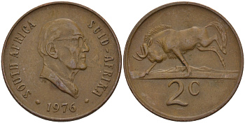 ЮАР 2 ЦЕНТА 1976 ПРЕЗИДЕНТ ЯКОБУС ЙОХАННЕС ФУШЕ, АНТИЛОПА ГНУ KM 92 бронза 67-322